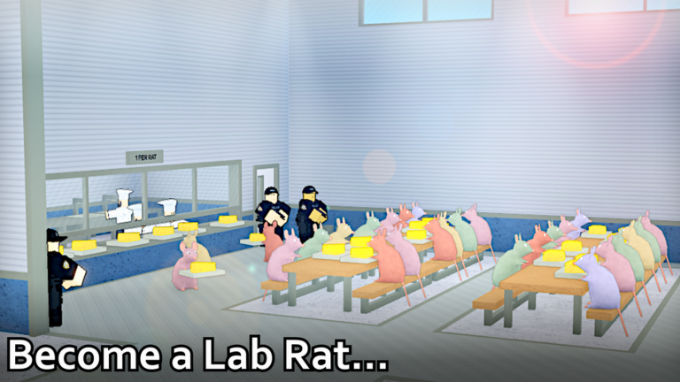 Colorful lab rats eating cheese at long tables in the Rat Lab cafeteria while security guards watch