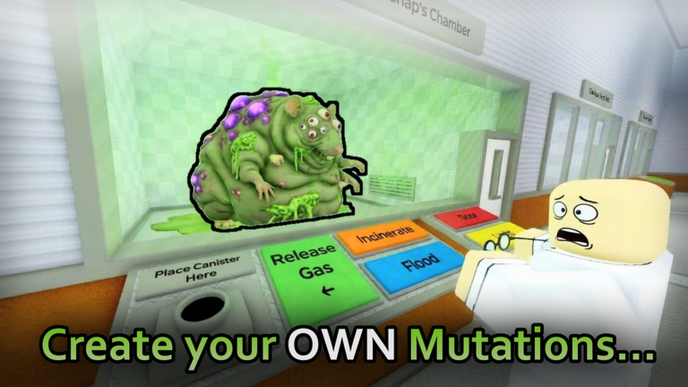 A scientist operating a mutation chamber control panel with Release Gas, Incinerate and Flood buttons next to a large mutated rat in Rat Lab